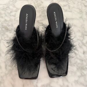 Black Feather Clear Heel Sandals with Rhinestone Strap Square Toe